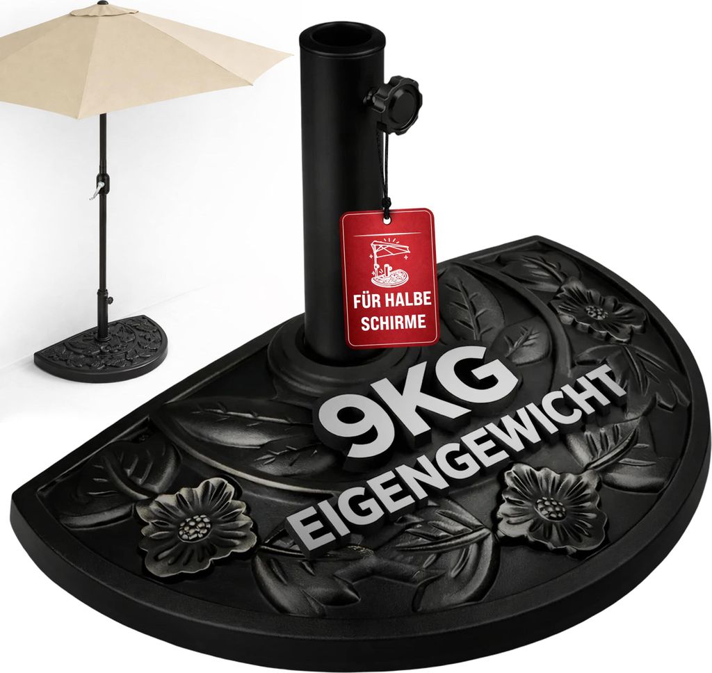 DEUBA Sonnenschirmständer halbrund Balkon Terrasse 9 kg Blumen Design schwarz Gussoptik wetterfest Schirmständer Balkonschirm Terrassenschirm S...