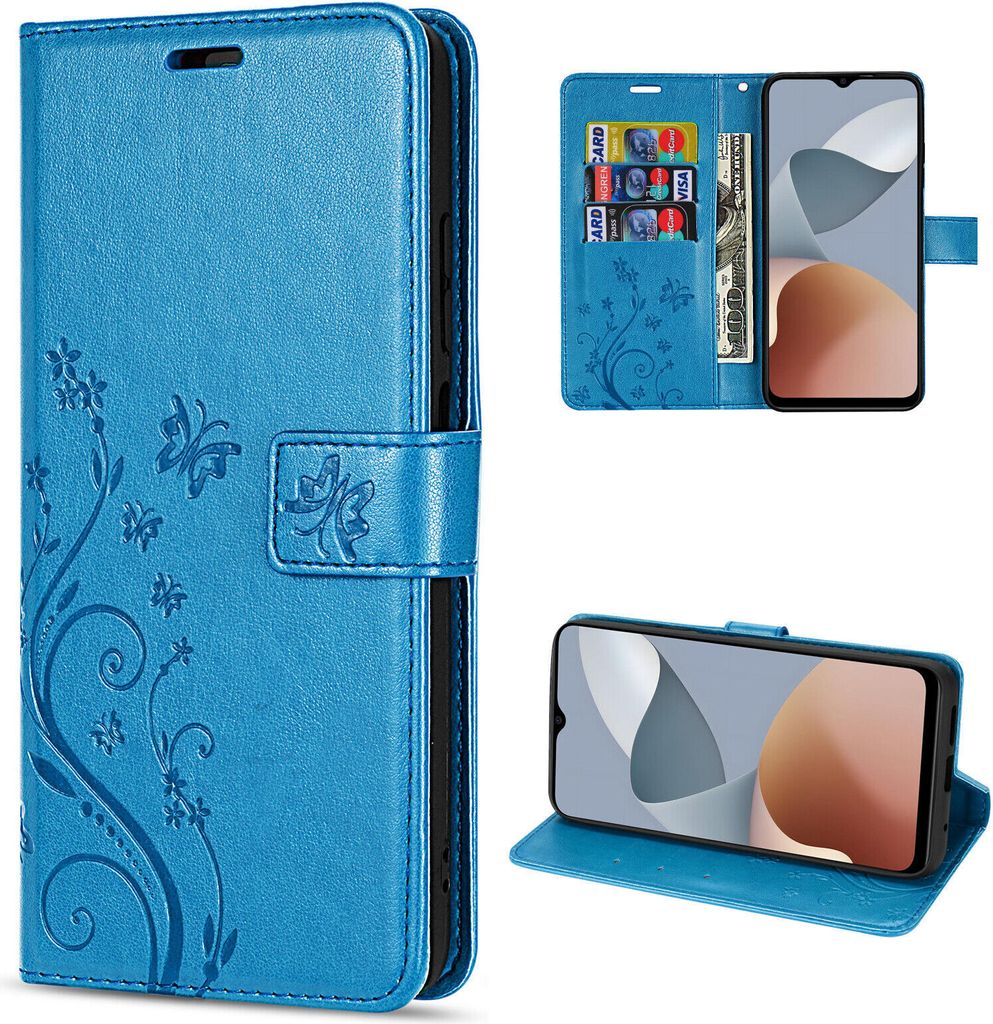 A collage of images showing a blue flip wallet case for a ZTE Blade A54 phone, with different views and angles.