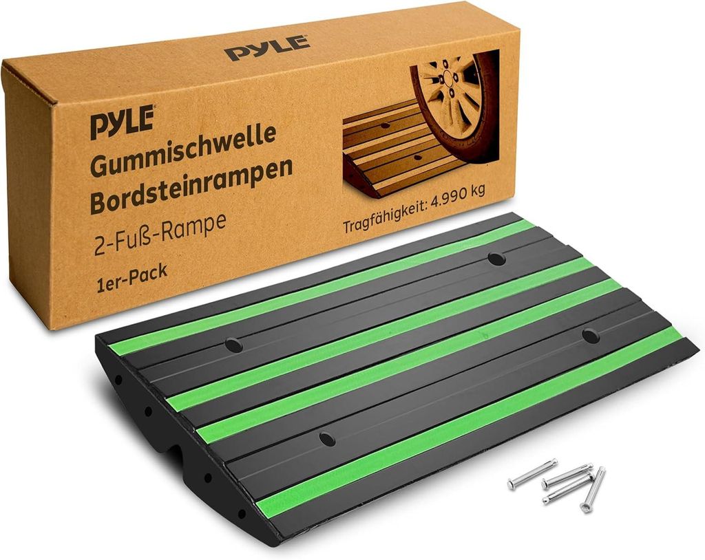 Pyle Auffahrrampe PKW – 1 Stück Bordsteinrampe Gummi Grün 61×41×7 cm – Wetterfest und rutschfest 5t Tragkraft je Rampe Mit Reflektorstreifen