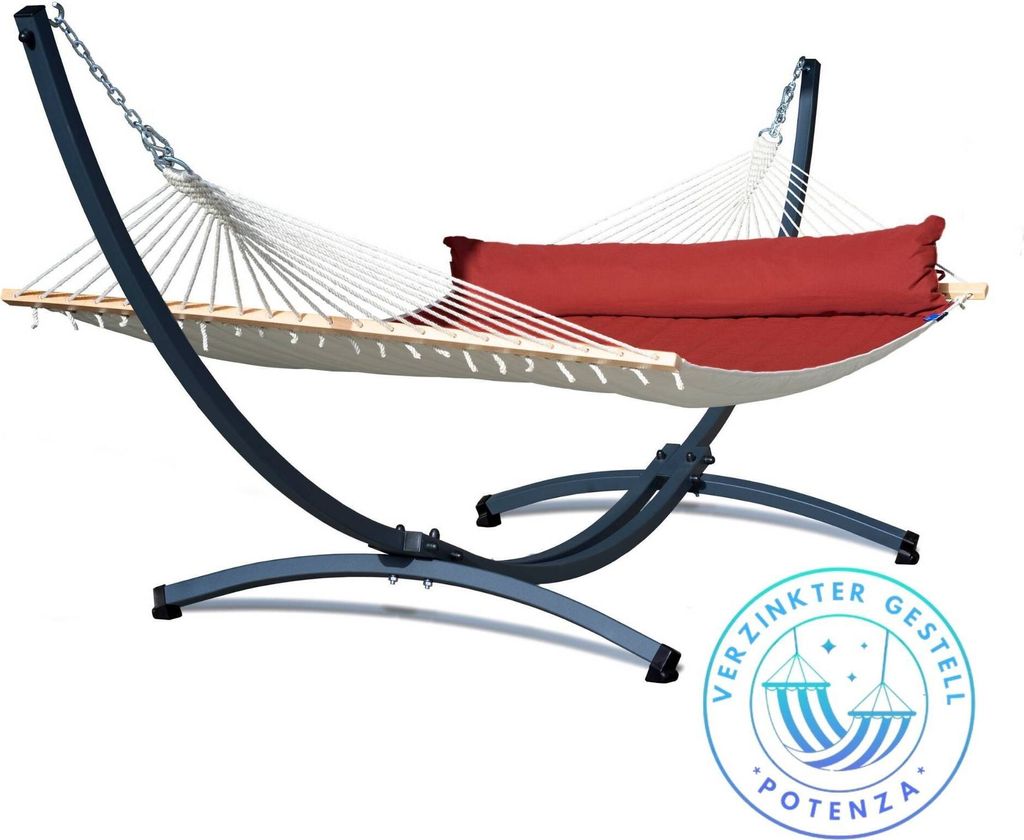 Potenza Outdoor Panama Hängematte mit Verzinkter Gestell für 2 Personen I Stabhängematte XXL 210x140, 200kg I Hängemattengestell 220kg, wetterfest