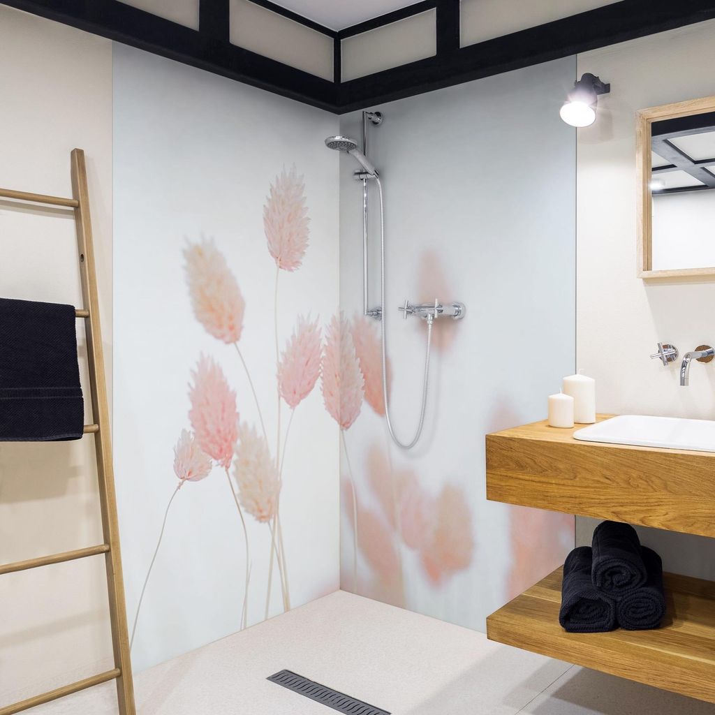Duschrückwand mit Motiv selbstklebend - 0.61 mm Wandpaneel wasserfest Gräser beige Landhaus Badrückwand fugenlos Premium matt 110x200 cm