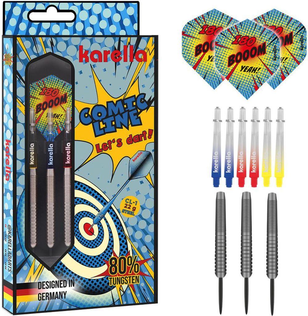Karella Darts Comic-Line CL-1 80% Tungsten, Profi Steeldarts, formstabile Polycarbon Schäfte, Flights 100 Mic. Dartpfeile inkl. Ersatzschäfte und...