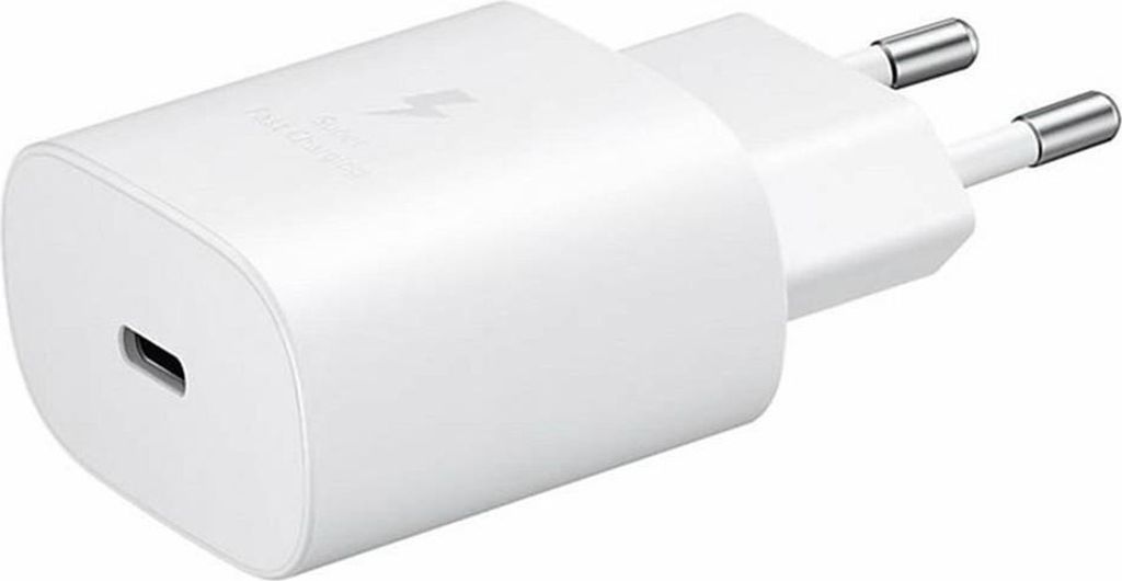 A white Samsung USB-C 25W fast charger is shown against a white background.