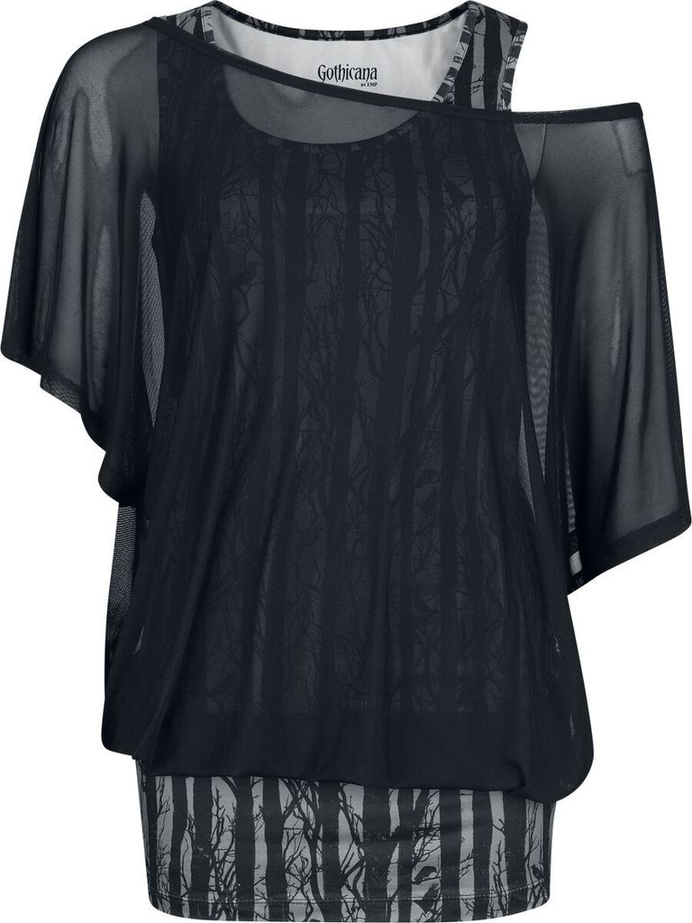 Gothicana by EMP Damen schwarzes T-Shirt und Top im Wald-Print 2 in 1 M