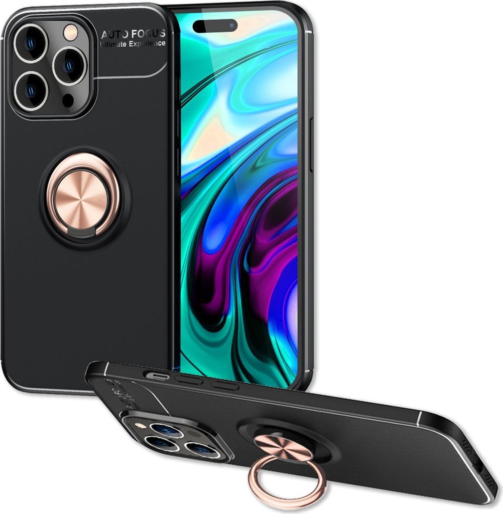 Hülle für iPhone 14 Pro - Matt Schwarz Ring Handyhülle Aufsteller Ständer Cover Rose Gold