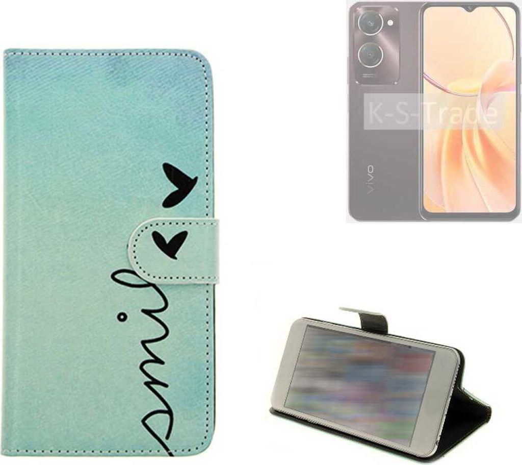 K-S-Trade Schutz Hülle Handy Hülle kompatibel mit Vivo Y28e 5G Hülle Handyhülle cover bookstyle Etui Handyhülle “smile“ türkis Standfunktion
