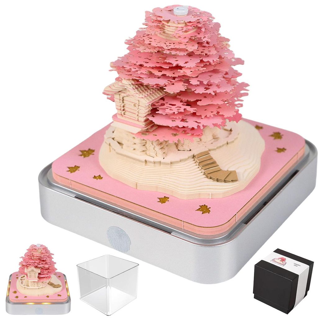 3D Abreißkalender 2026 - Kreative Blütenbaumhaus-Papierskulptur mit LED-Beleuchtung und Notizblock für Büro & Zuhause