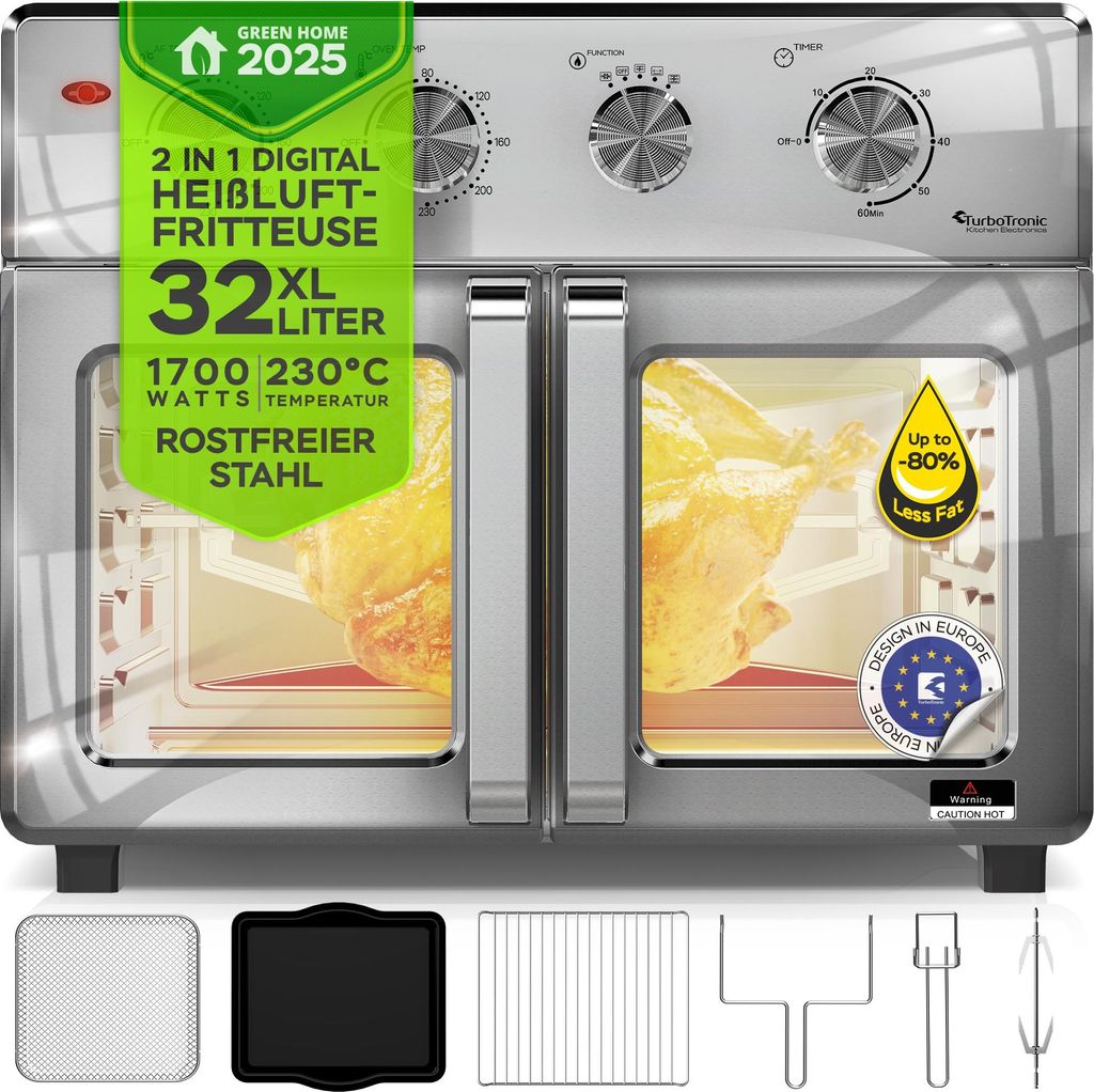 TurboTronic digitaler Heißluftofen XXL - AF32MFD - 32 Liter mit Drehspieß für Hähnchen 4in1 Mini Backofen & Power Heißluftfritteuse Airfryer a...