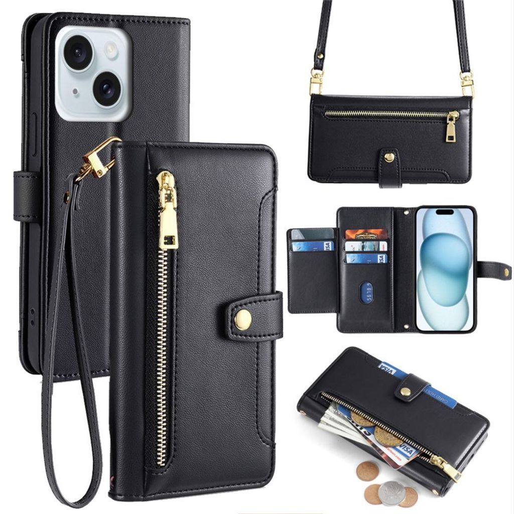 Handykette iPhone Hülle mit Band Handyhülle Kartenfächer Kunstleder Umhängetasche iPhone 15 Schwarz