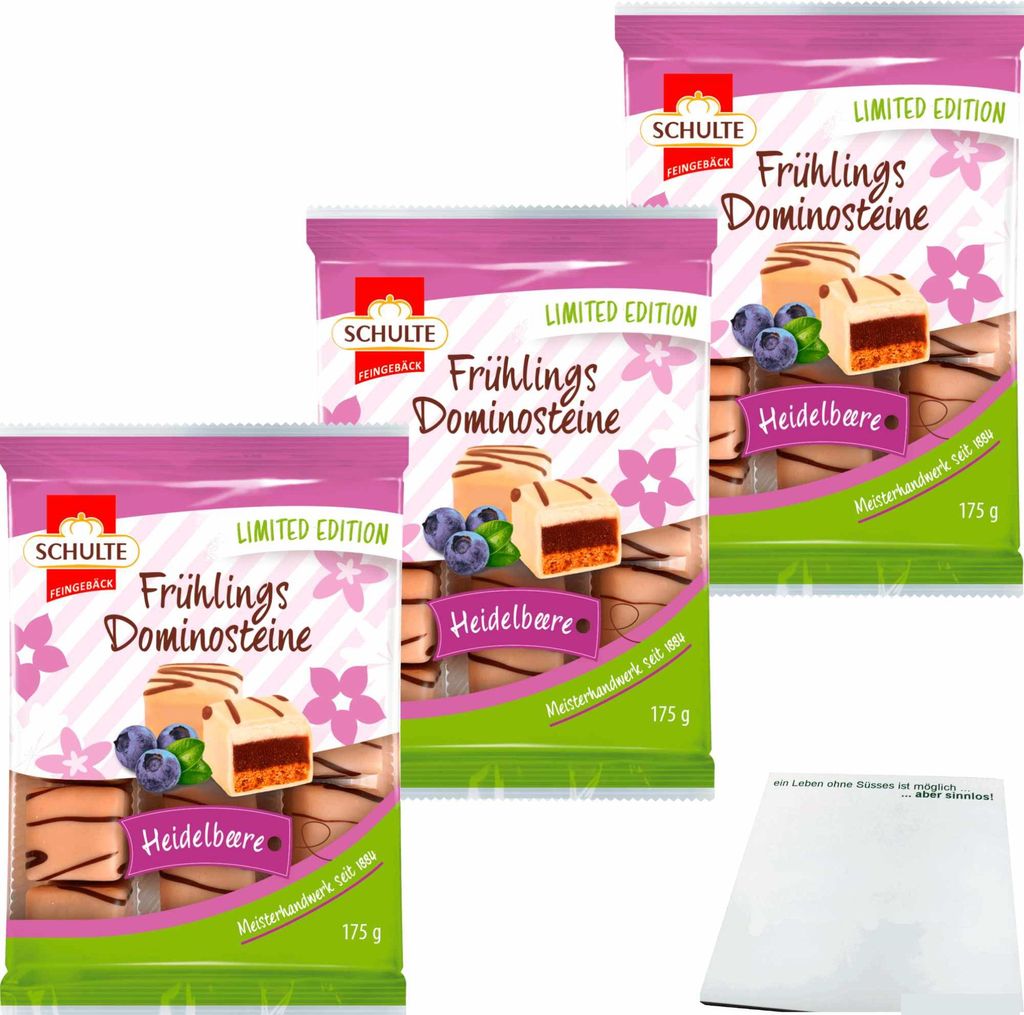 Schulte Frühlings Dominosteine Heidelbeere 3er Pack (3x175g Packung) + usy Block