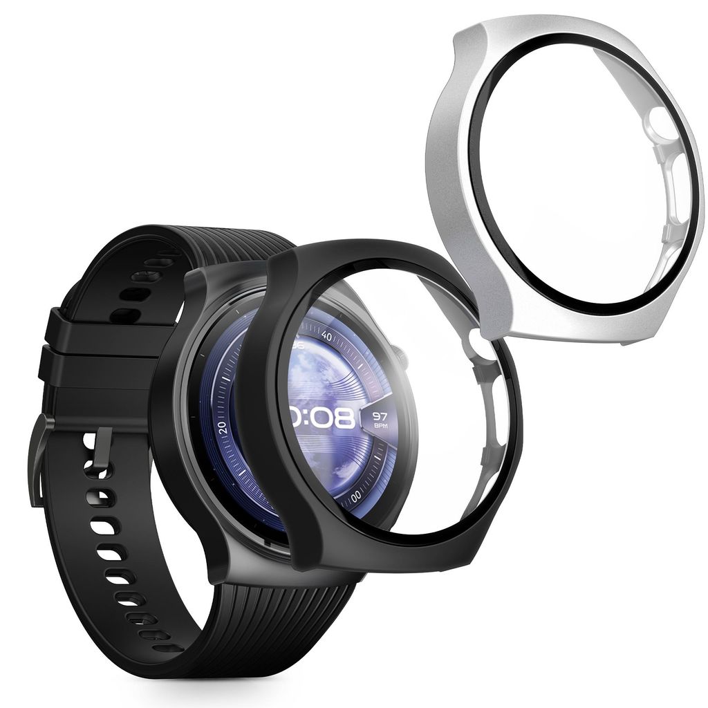 kwmobile 2x Glas Hülle für Huawei Watch 5 46mm Schutzhülle - Fullbody Fitnesstracker Case Set aus Glas - Schwarz Silber