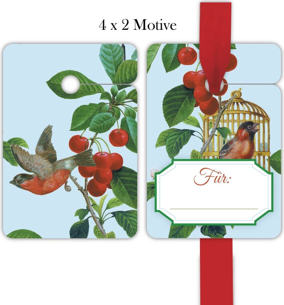 8 elegante, hellblaue "Apfelkirsch" Geschenkanhänger mit Vögelchen: Für, passend zu Geschenkpapier 00000_1_G4236