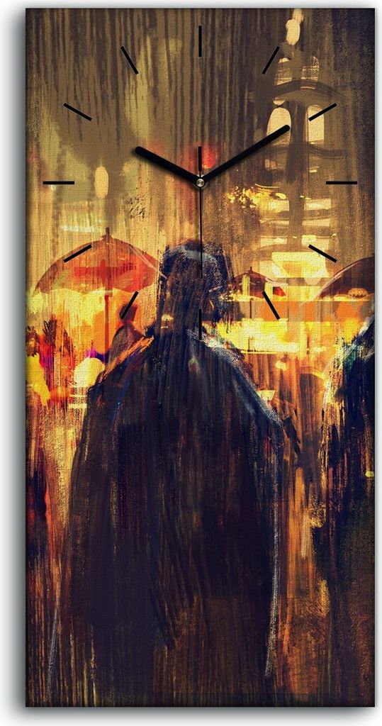 Wanduhr Leinwand Bild Uhr Quarz 30x60 Menschenmenge mit Regenschirmen Nacht - schwarze Hände
