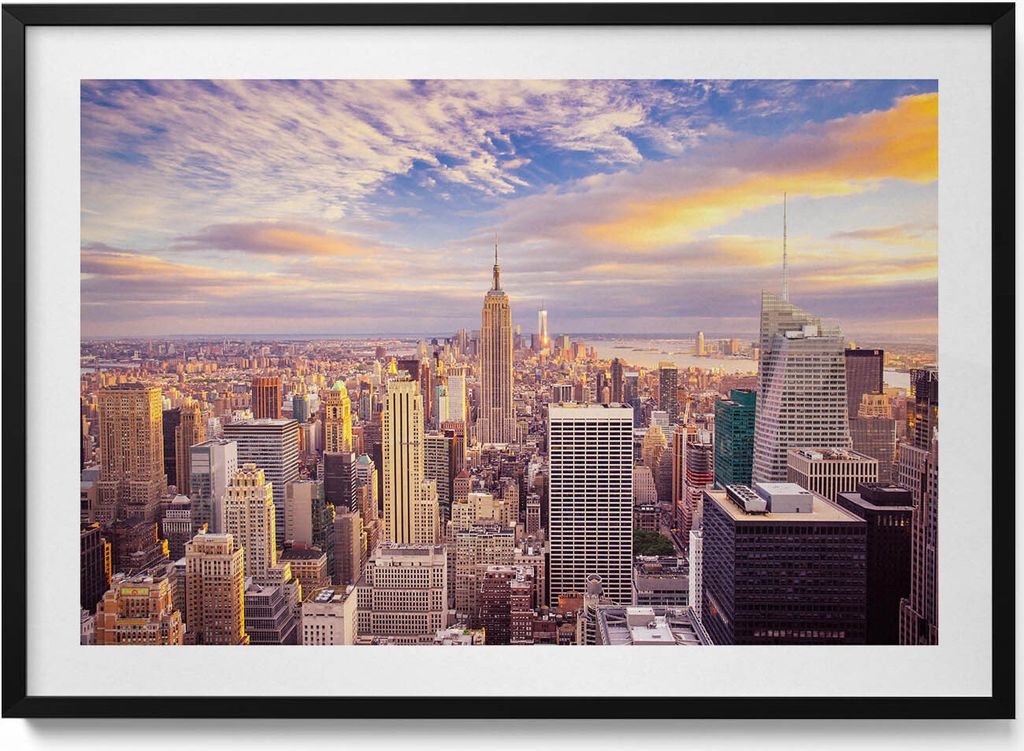 Sonnenuntergang in New York– Wandbild mit Rahmen – Gerahmtes Bild – Wanddekoration – 100x70 cm – Schwarz Rahmen