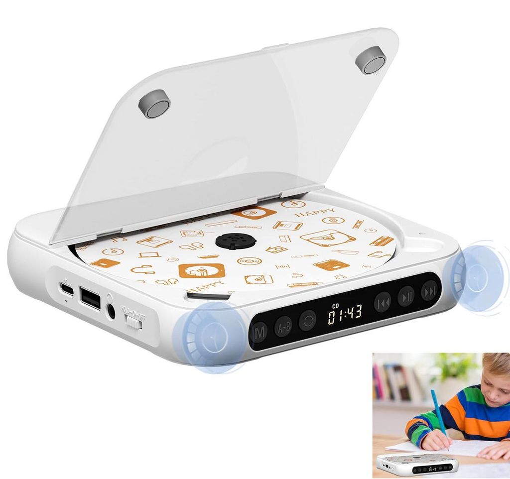 Tragbarer CD-Player mit Bluetooth,Wiederaufladbarer Walkman für Studenten & Kinder, Unterstützt CD/MP3/WMA, LCD-Display, 2000mAh Akku, Kompakte D...