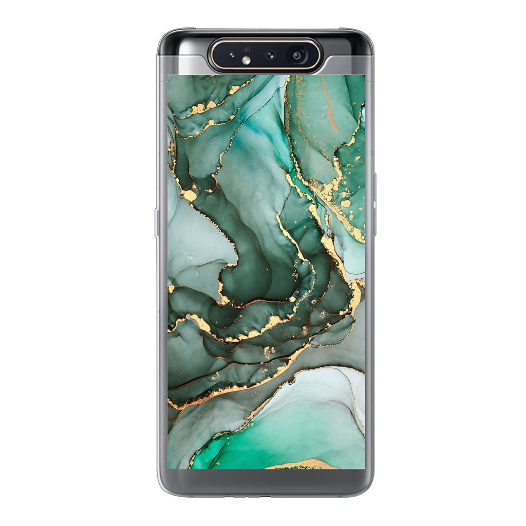 MuchoWow Handyhülle Schutzhülle Hülle für Samsung Galaxy A80 Gold - Marmor - Grün - Luxus - Marmoroptik - Grau Silikon Softcase Handy Hülle...