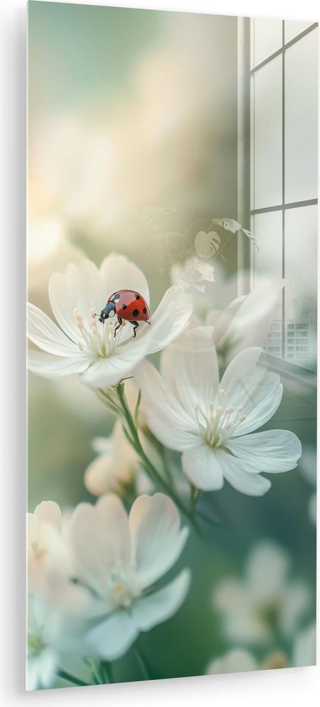MuchoWow Glasbilder - Bilder auf Wandbild - Foto auf Glas Marienkäfer - Blumen - Weiß 60x120 cm Wanddekoration aus Glas - Acrylglasbild - Acrylbi...