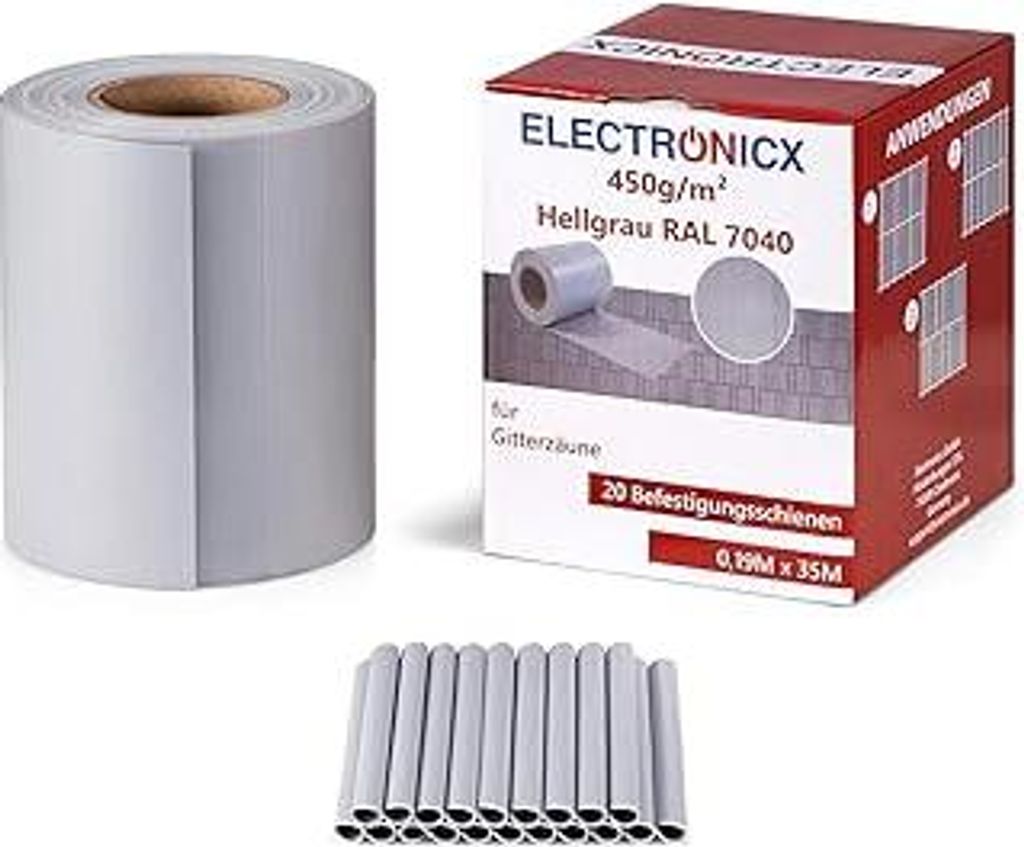 Electronicx PVC Sichtschutzstreifen Hellgrau (RAL 7040) | Sichtschutz Zaunfolie Doppelstabmatten | 35m x 19 cm | 450g/m² | UV-beständig, Blickdic...