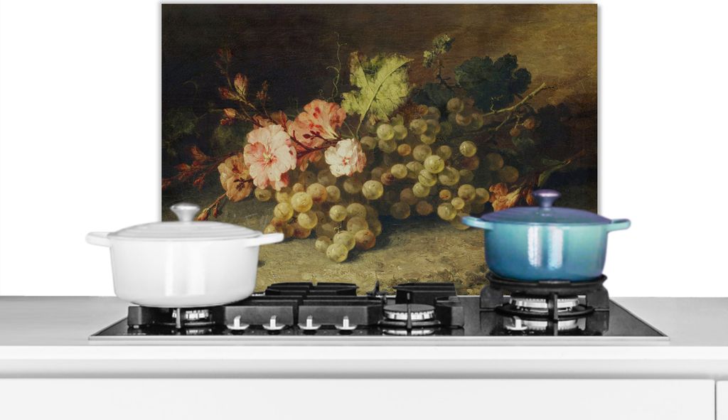 KitchenYeah Spritzschutz Küche - Küchenrückwand - Wandschutz für Herd und Spüle - Obst - Stilleben mit Weintrauben - Alte Meister 60x40 - A...