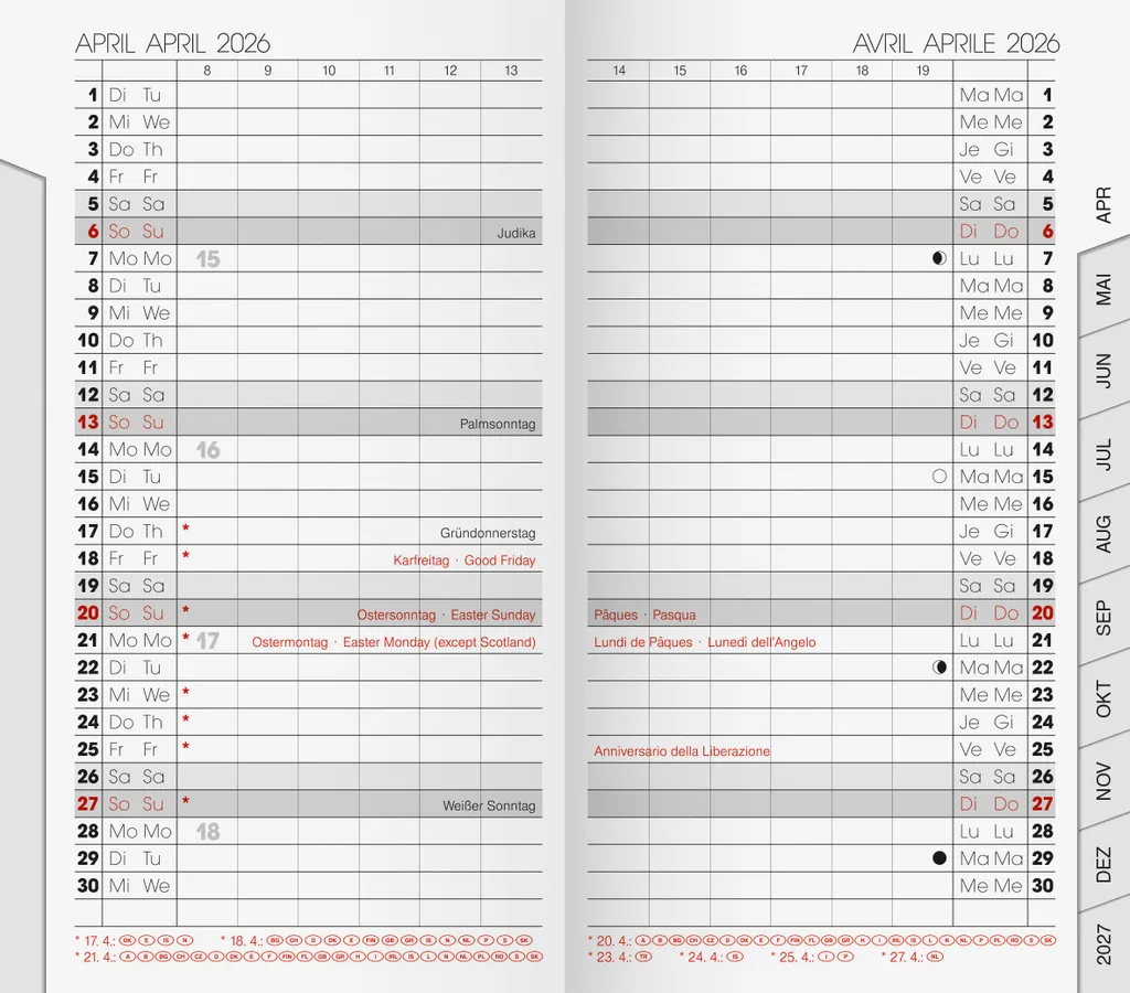 Calendrier de poche BRUNNEN 1075100006 format 9x15cm avec insertion