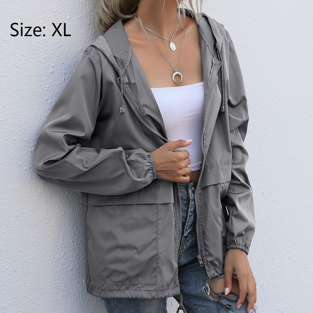 Damen Wasserdicht Leicht Regenjacke Atmungsaktiv Faltbar Windbreaker Softshelljacke Fahrradjacke mit Taschen, dunkelgrau, XL