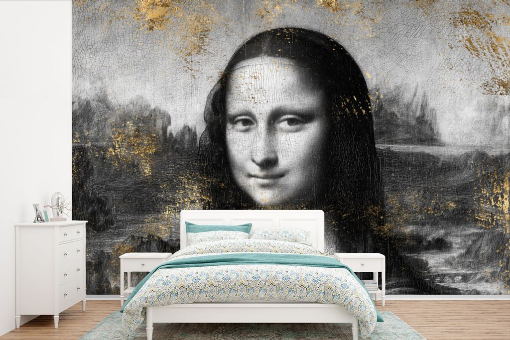 MuchoWow Fototapete für Wohnzimmer oder Schlafzimmer Wandtapete Vinyl Motivtapete Mona Lisa - Leonardo da Vinci - Gold - 330x220 cm - Fototapeten