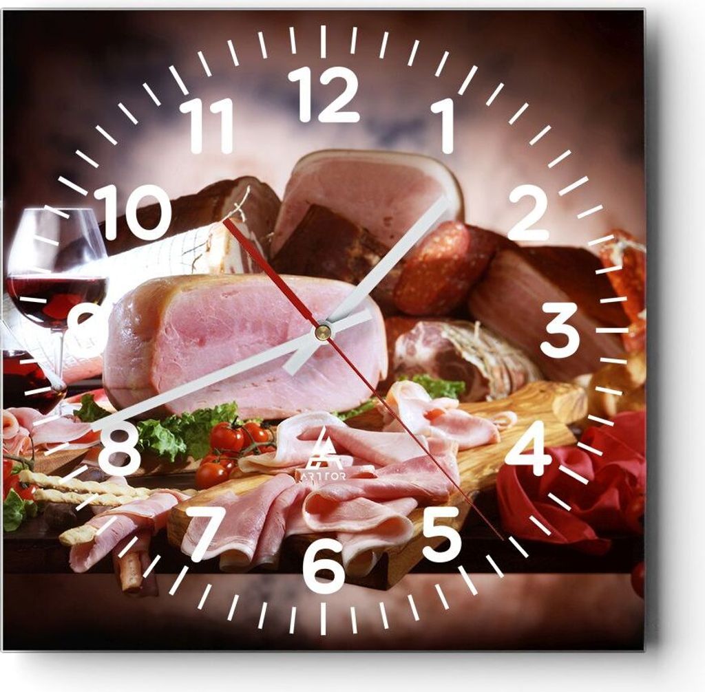 Wanduhr - Quadrat - Glasuhr - Essen Essen Wurst Kräuter - 40x40cm - Schleichendes Uhrwerk - Lautlos - zum Aufhängen bereit - Dekoration Modern - ...