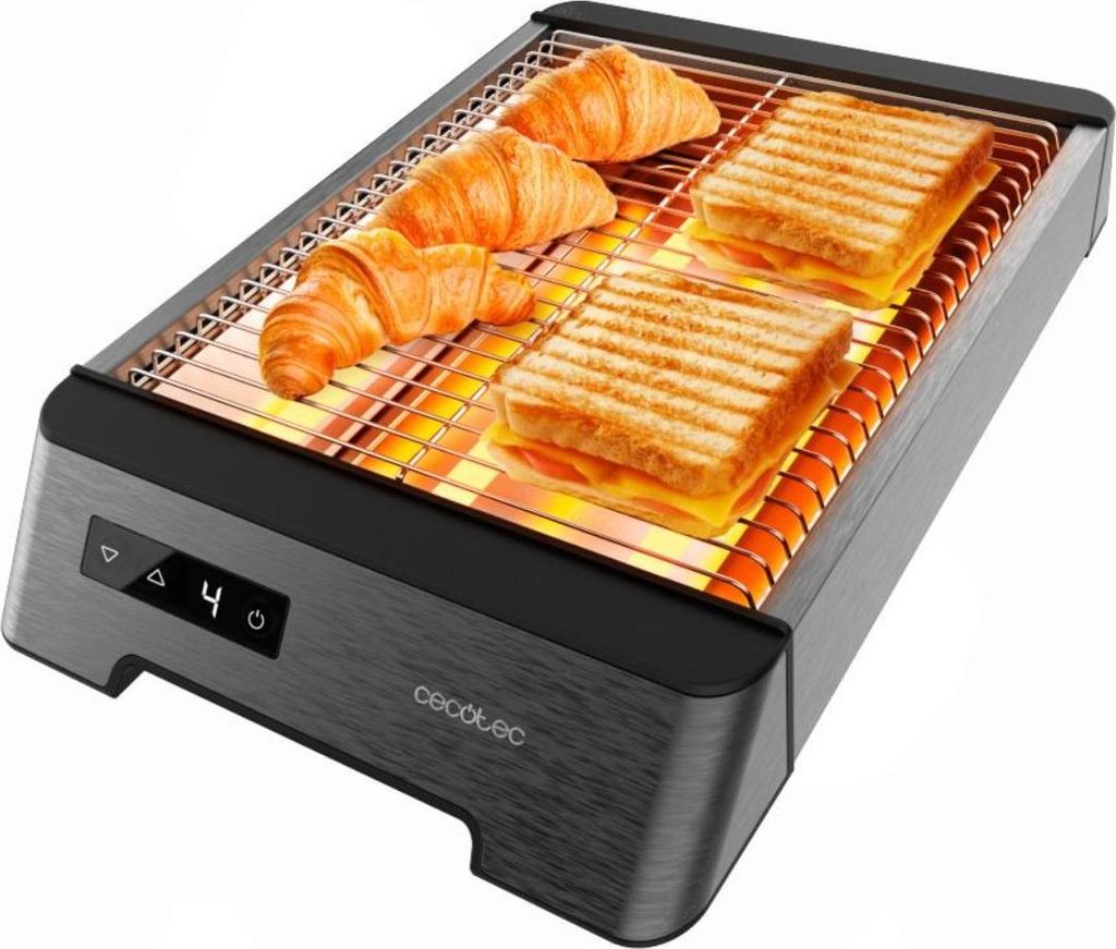 A toaster oven with croissants and sandwiches being toasted.
