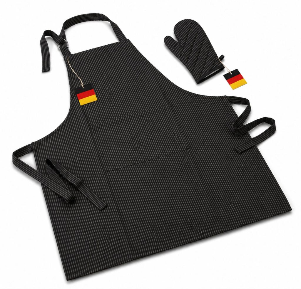 Grillschürze Küchenschürze mit Ofenhandschuh 2teilig im Set schwarz/weiss gestreift
