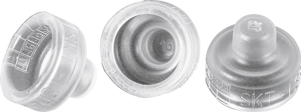 Three views of a clear plastic valve cap.