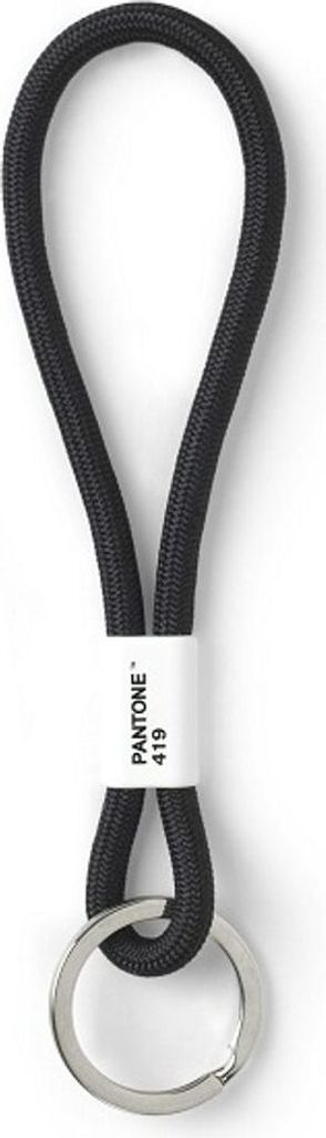 A black lanyard with a silver keyring, shown against a white background.