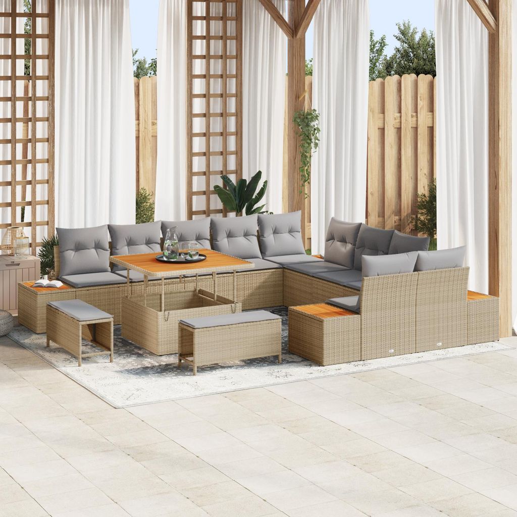 13-teiliges Garten Sofa Set mit Kissen Beige Poly Rattan Akazie, Design Gartensofas Neu