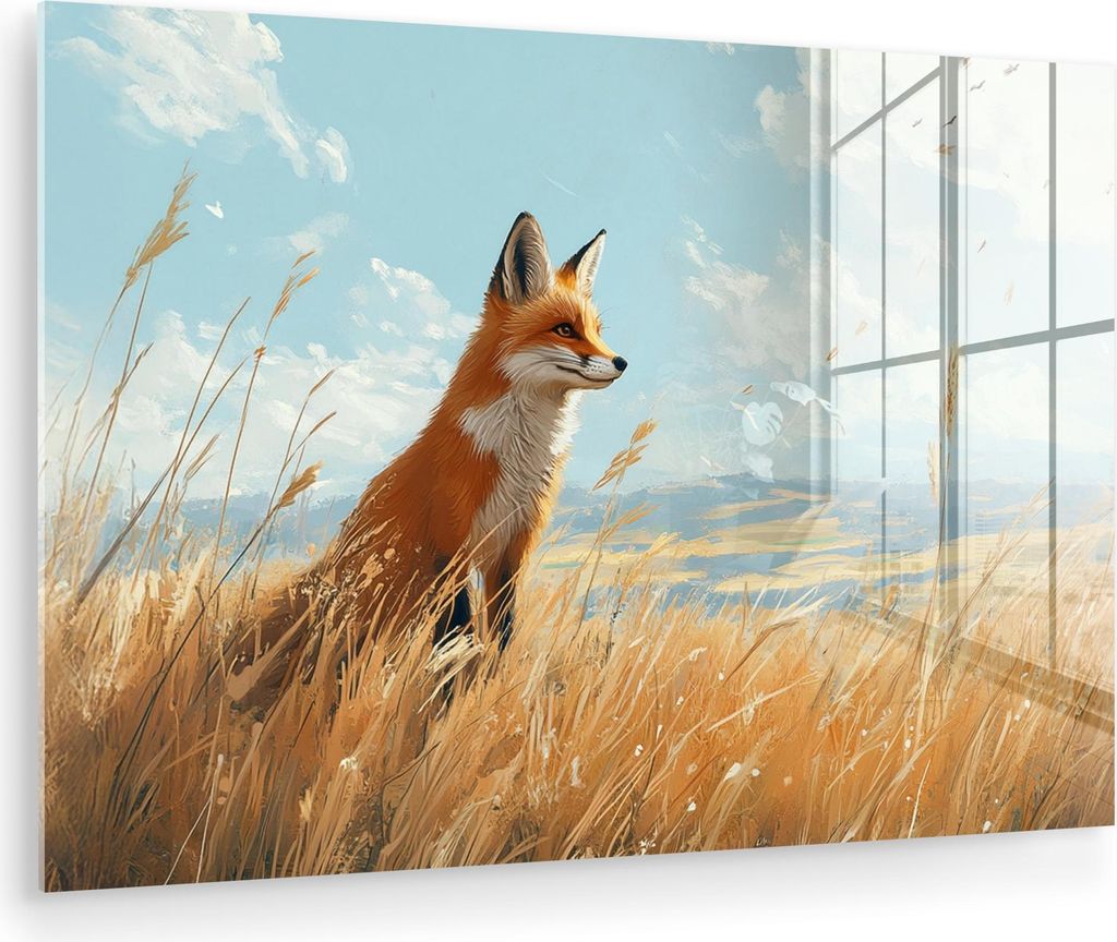 MuchoWow Glasbilder - Bilder auf Wandbild - Foto auf Glas Fuchs - Gras - Wolken - Orange 120x80 cm Wanddekoration aus Glas - Acrylglasbild - Acrylb...