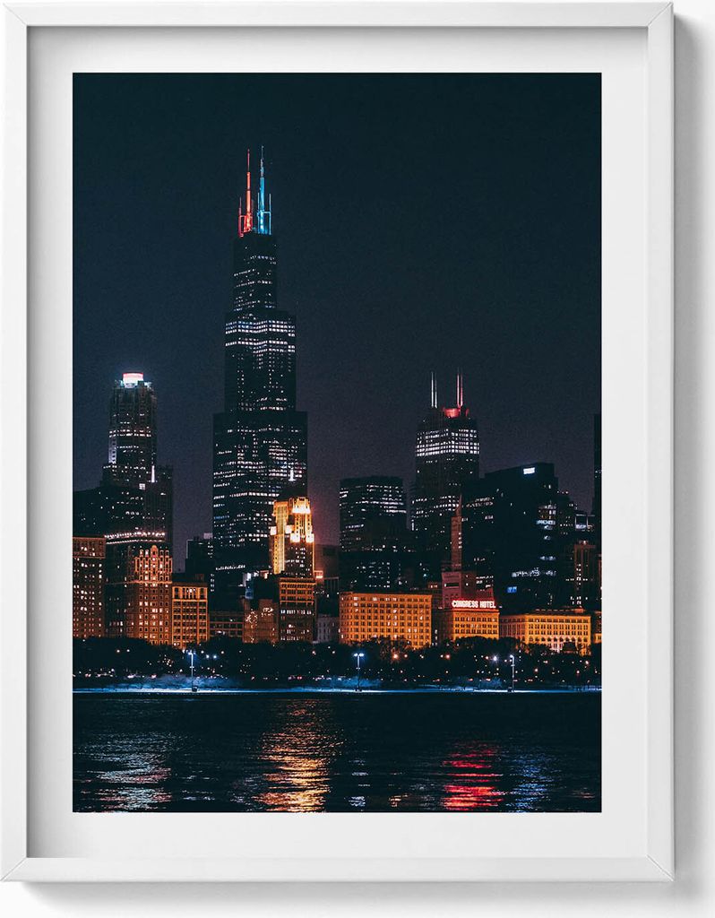 Stadtbild von Chicago– Wandbild mit Rahmen – Gerahmtes Bild – Wanddekoration – 60x80 cm – Weiß Rahmen