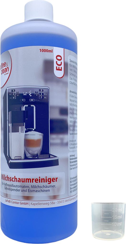 A bottle of blue cleaning liquid with a small measuring cup next to it. The bottle has a label with a picture of a coffee machine and text.