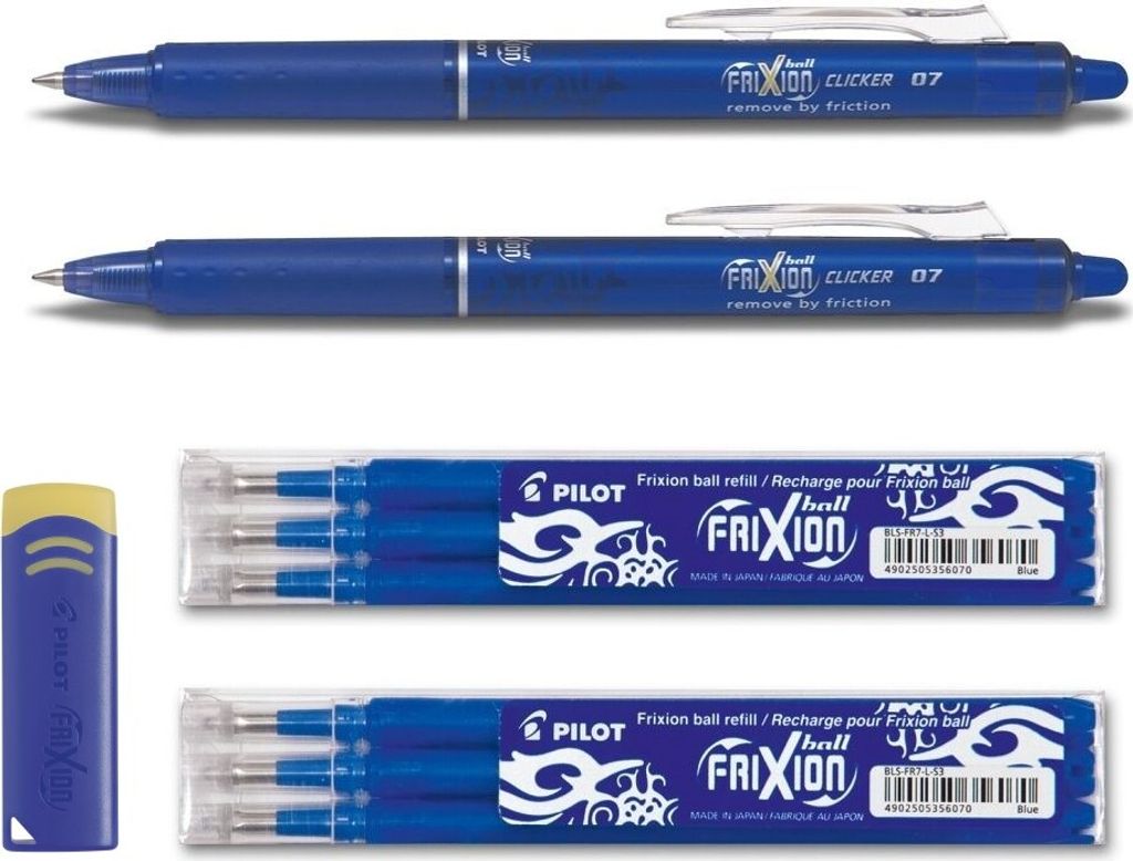 2 Pilot Frixion Clicker 0.7 blau + 6 Ersatzminen 0.7 blau + Radierer gratis