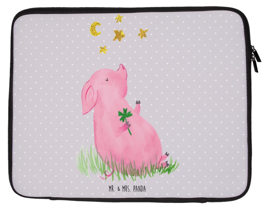 Mr. & Mrs. Panda Laptop Tasche Schwein Glück 27 x 36 cm - Grau Pastell - Geschenk, Laptoptasche, Laptophülle, Glücksbringer, Motivation, Lustige...