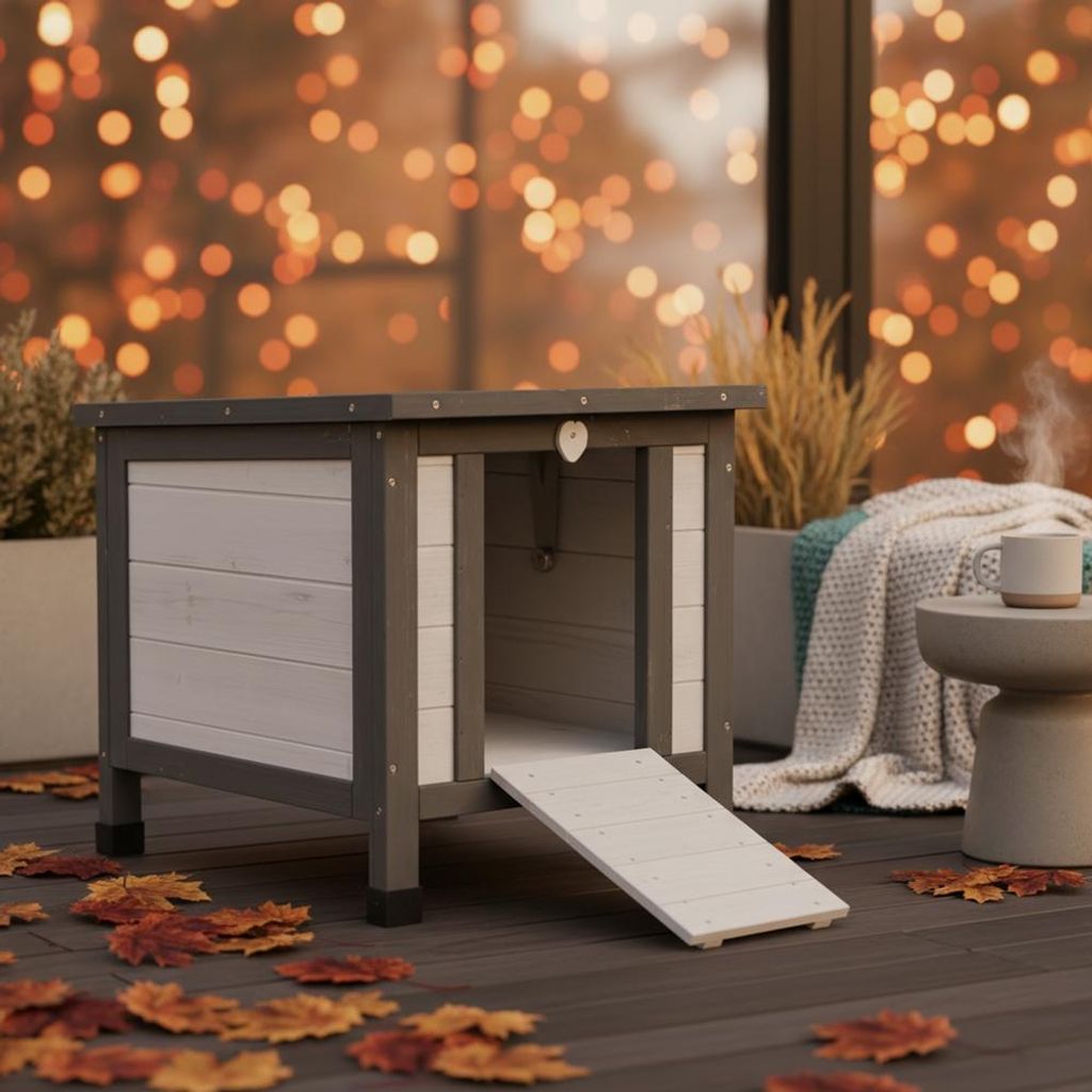 Outdoor Katzenhaus aus Holz wetterfest mit klappbarem Dach & Rampe