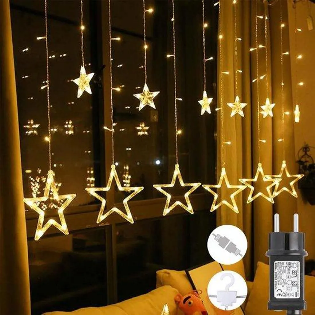 Rideau lumineux LED Noël 12 étoiles 108 LED blanc chaud étanche IP44