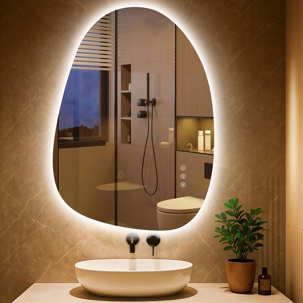 PESENXAN Asymmetrischer LED-Badspiegel mit Beleuchtung 83x60 cm, Beschlagfrei, 3 Lichtfarben Einstellbare Spiegel Bad mit Beleuchtung,Dimmbar, mit ...