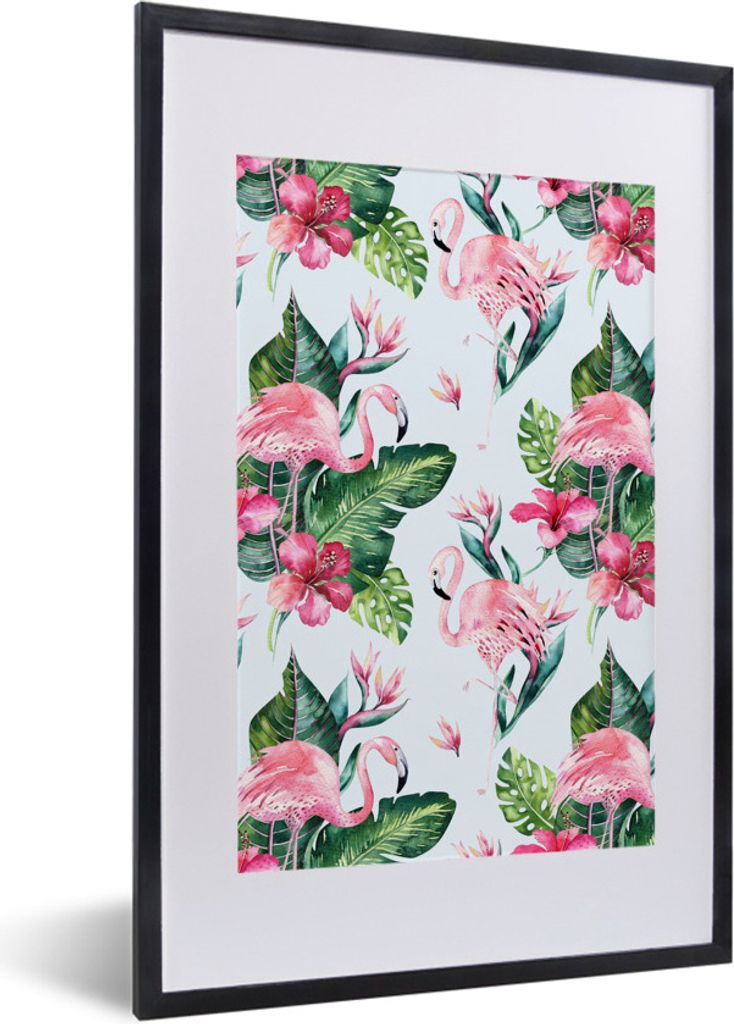 MuchoWow MuchoWow Gerahmtes Poster Muster - Blätter - Flamingo 40x60 cm - Poster mit zchwarzem Bilderrahmen - Poster in Rahmen