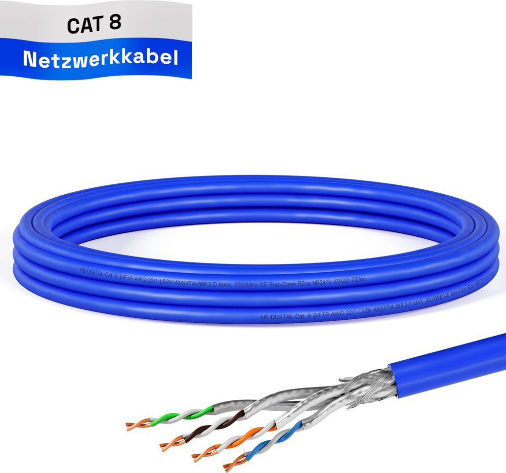 hb-digital CAT 8 Netzwerkkabel 5m max. 2000 MHz S/FTP AWG22 LSZH blau