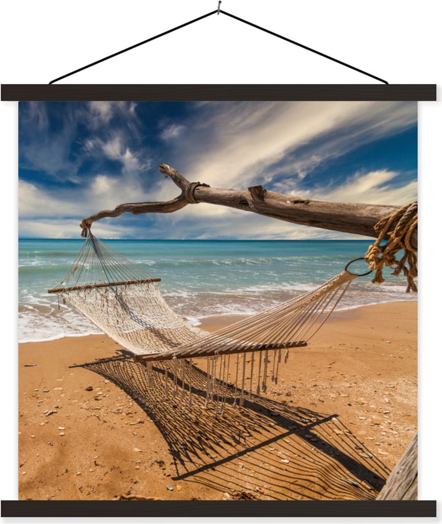 MuchoWow Textilposter Strand - Meer - Hängematte 60x60 cm mit schwarzem Rahmen - Posteraufhänger
