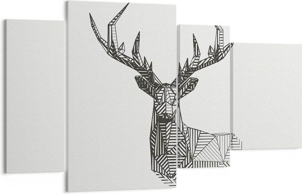 Bild auf Leinwand - Leinwandbild - 4 Teile - Hirsch Skizze Skandinavisch - 120x70cm - Wand Bild - Wanddeko - Wandbilder - Leinwanddruck - Bilder - ...