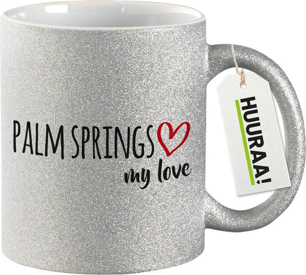 Huuraa Glitzertasse Palm Springs my love 330ml Silber Keramik Kaffeebecher Geschenkidee
