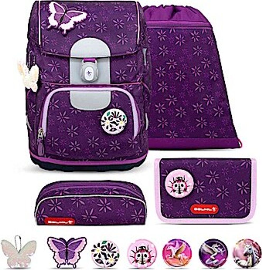 Belmil Motion ergonomisches Schulranzen Set 5-teilig "Purple Spring" aus recyceltem Material mit Brustgurt, Hüftgurt, Magnetverschluss, Patch Set ...