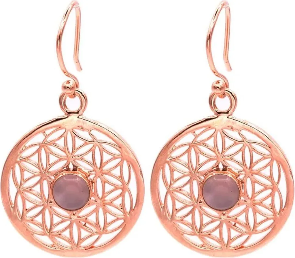 Boucles d'oreilles Fleur de Vie 2,5 cm avec Perle Quartz Rose Doux