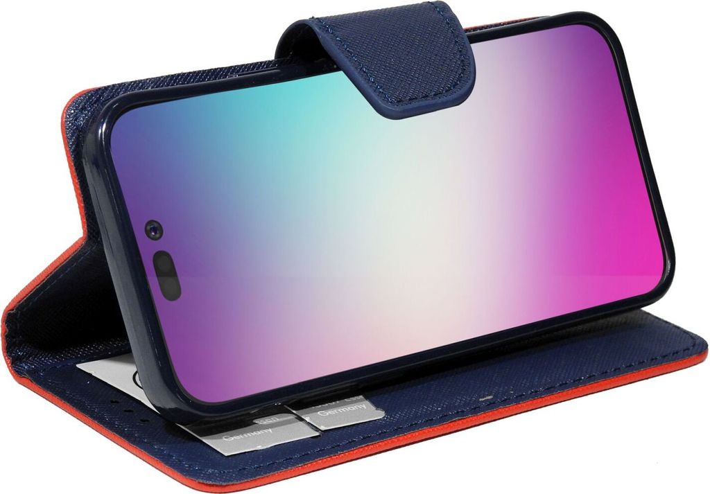 Buch Tasche "Fancy" kompatibel mit iPhone 14 Pro Max Handy Hülle Schutzhülle mit Standfunktion, Kartenfach Rot-Blau