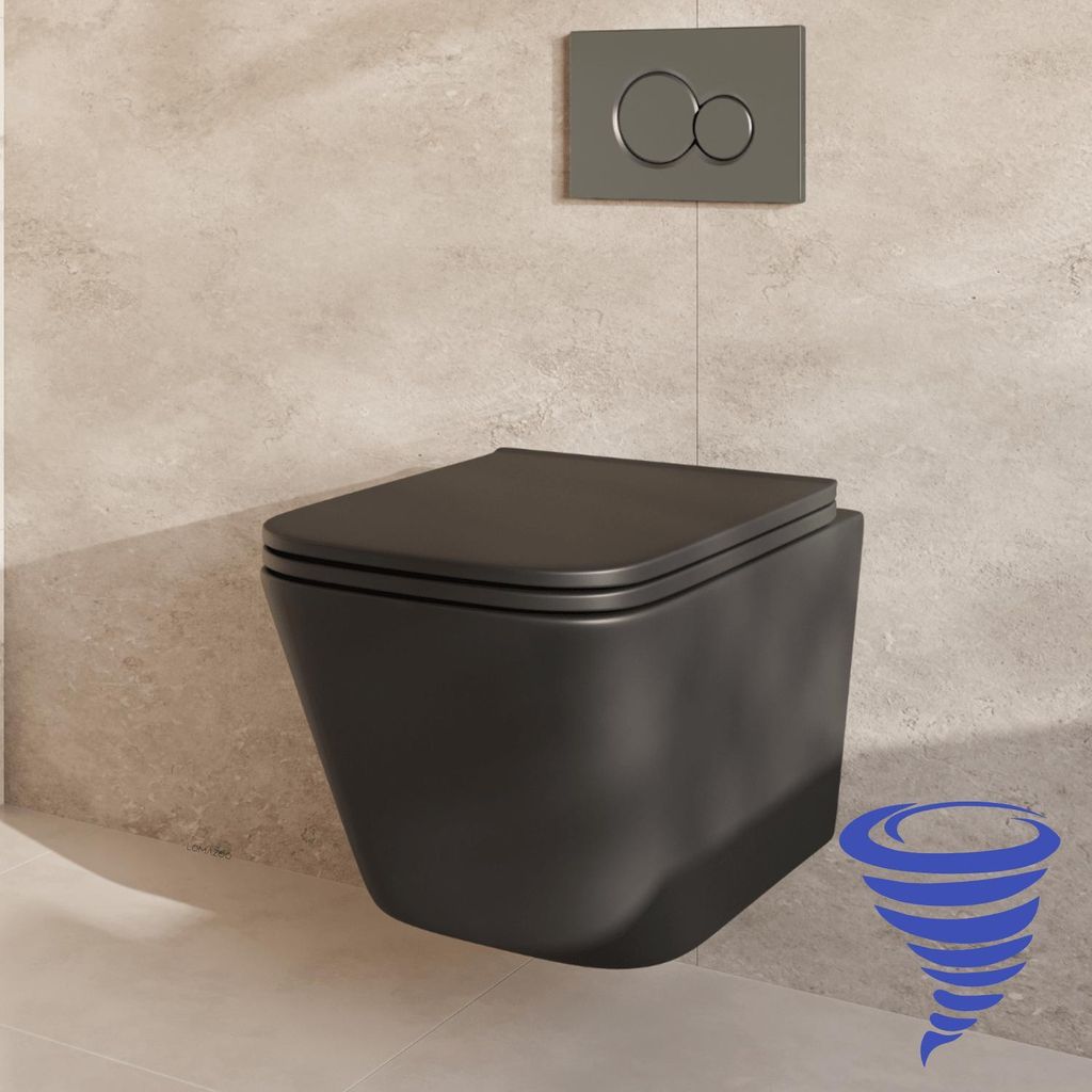 Wand-WC mit Unterputzspülkasten - Eckig Schwarz - Betätigungsplatte Rund Gunmetal - Linea