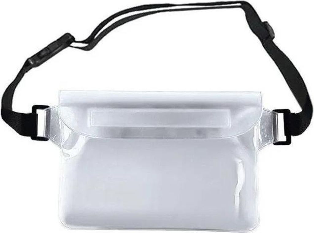 A clear, front-facing shot of a waterproof pouch with a black adjustable strap.